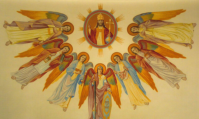 Ebenfalls in der Thomas von Aquin-Kirche in Graz: Eine Darstellung von Gott mit den sieben Erzengeln.